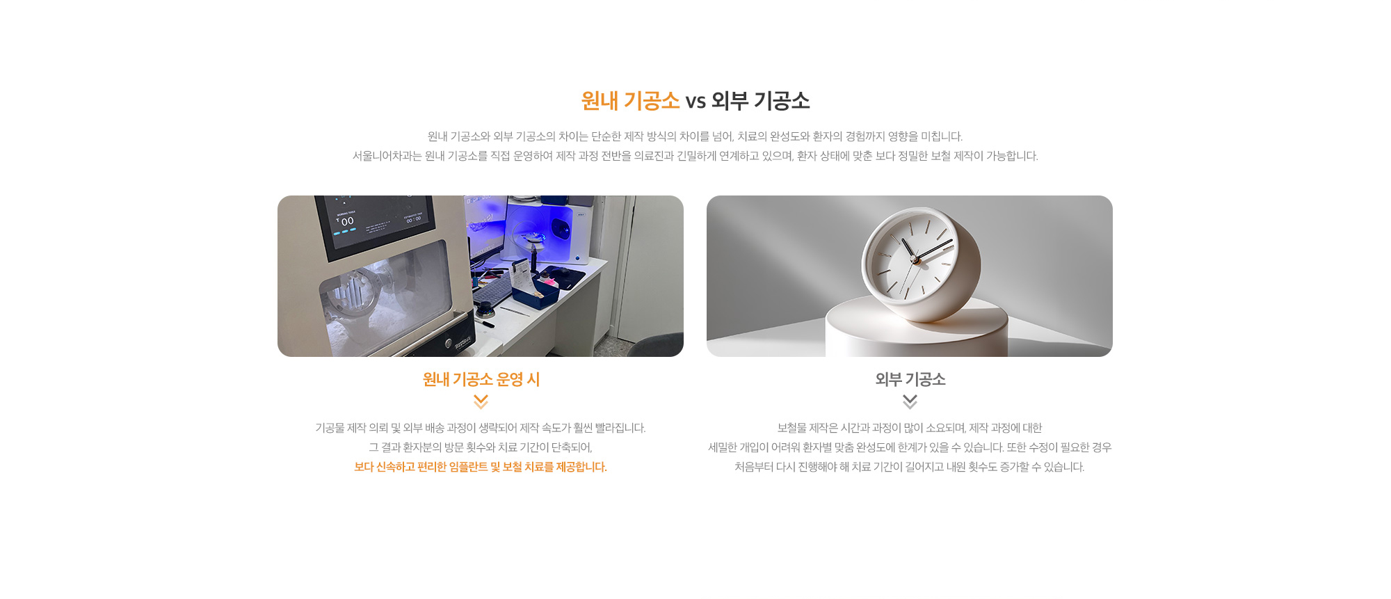 원내 기공소 vs 외부 기공소 | 원내 기공소와 외부 기공소의 차이는 단순한 제작 방식의 차이를 넘어, 치료의 완성도와 환자의 경험까지 영향을 미칩니다. 서울니어차과는 원내 기공소를 직접 운영하여 제작 과정 전반을 의료진과 긴밀하게 연계하고 있으며, 환자 상태에 맞춘 보다 정밀한 보철 제작이 가능합니다.