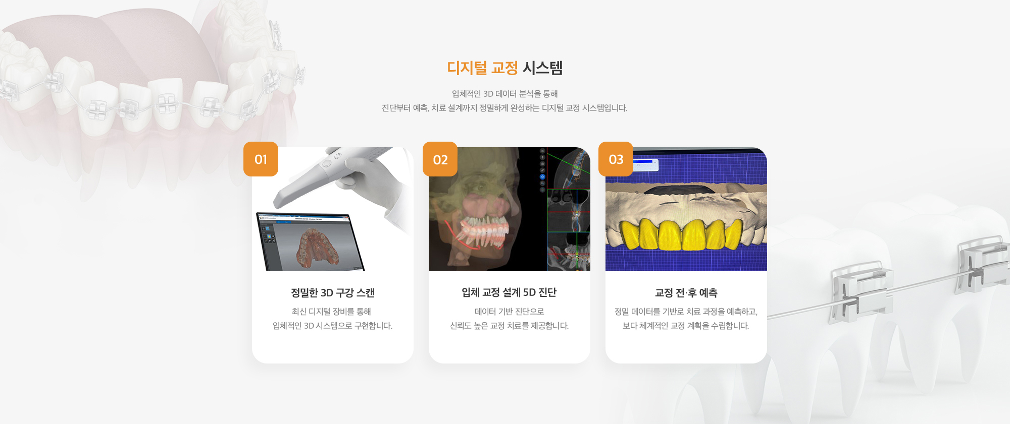 디지털 교정 시스템 : 1. 정밀한 3D 구강 스캔, 2. 입체 교정 설계 3D 진단, 3. 교정 전·후 예측